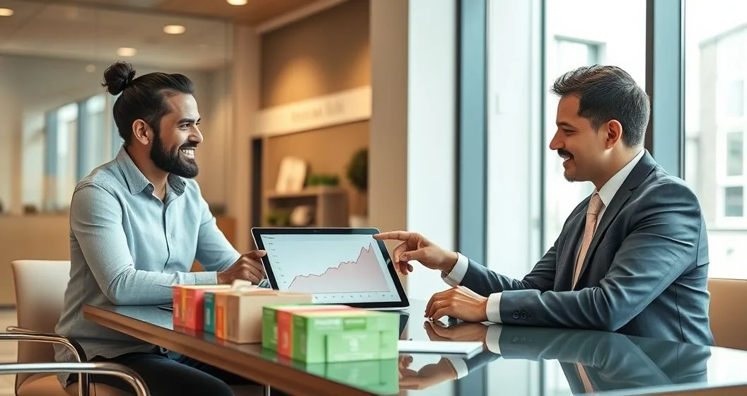 Business owner and financial advisor review a tablet showing a seasonal cash flow graph with seasonal product boxes on the table