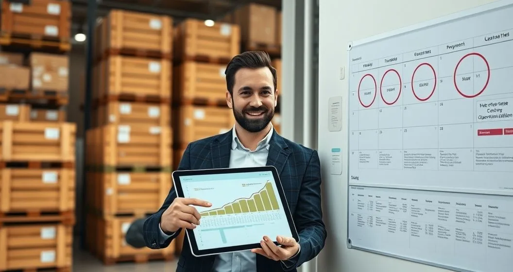 Two professionals in a warehouse office review a tablet showing cash flow and repayment timing while pointing to a calendar marking peak sales periods with inventory pallets visible behind them