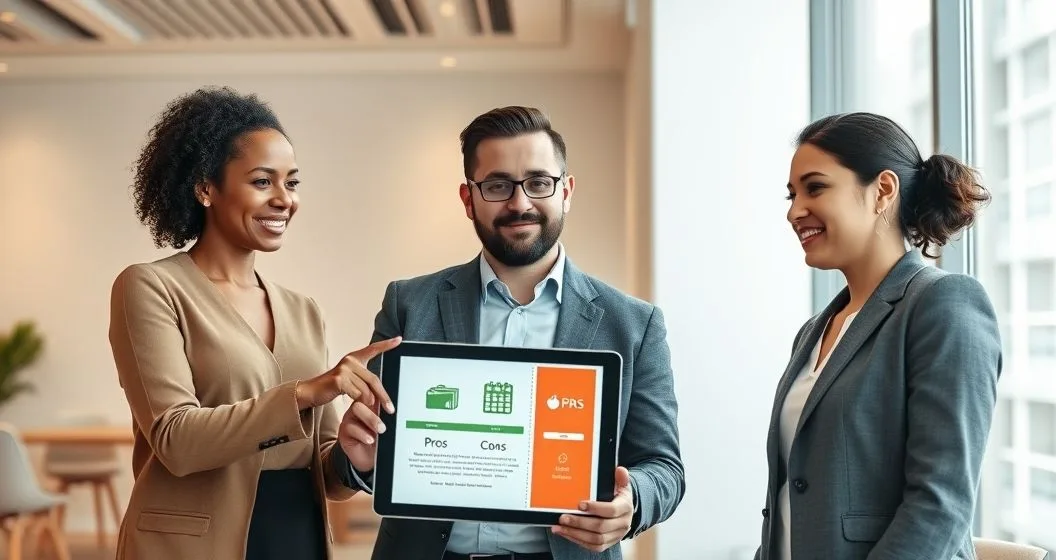 Financial advisor and diverse clients reviewing short term lending options on a tablet showing icons for cash credit card and calendar with color coded pros and cons in a modern office
