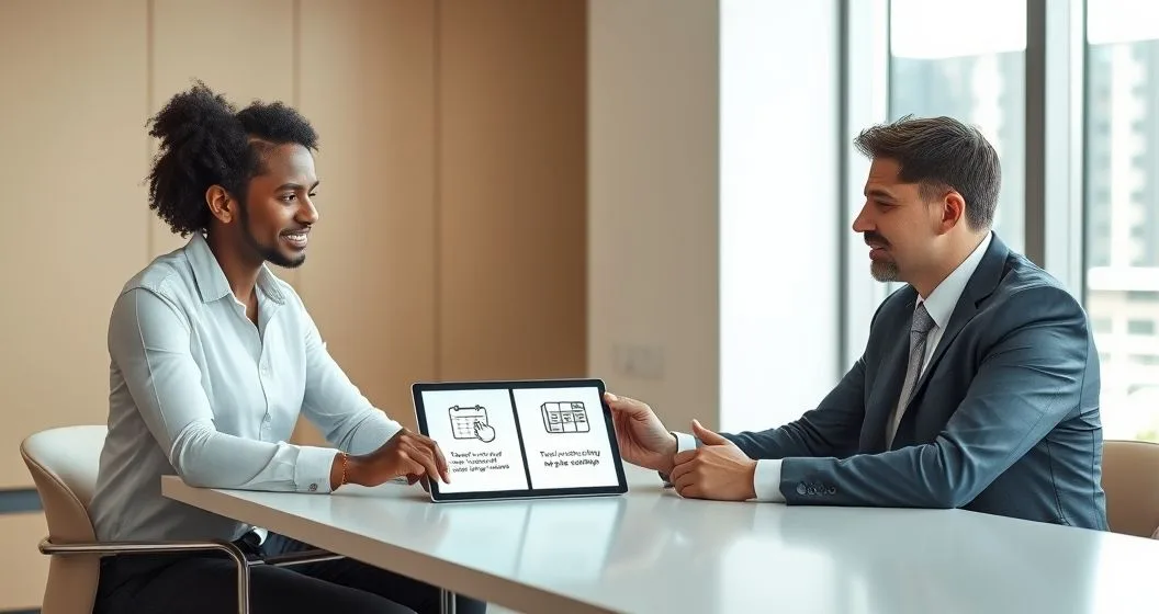 Tax advisor and client at a modern conference table reviewing a tablet with three symbols for installment payments temporary relief and settlement.