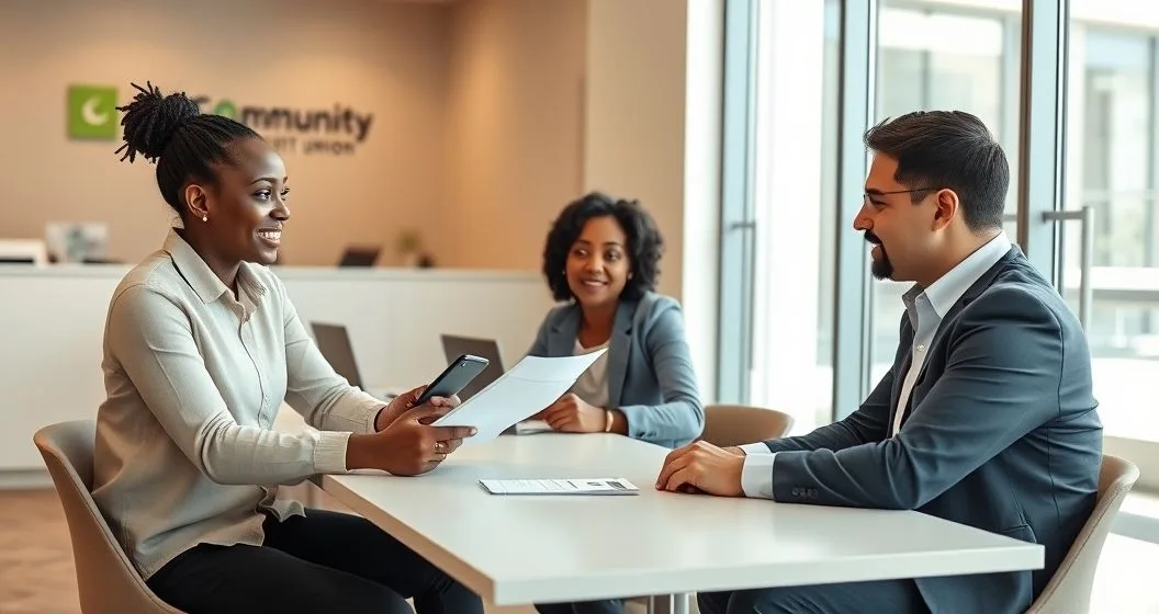 Financial counselor shows a smartphone and brochure to two clients in a modern credit union office discussing lower cost short term financing options