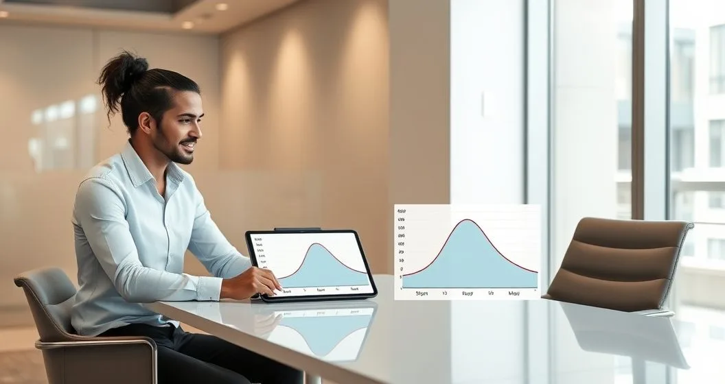 Mortgage advisor pointing to a tablet with two amortization curves while a diverse couple listens in a modern office setting