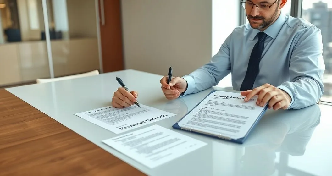 Small business owner hesitating to sign a contract labeled Personal Guarantee while a bank loan officer points to the clause across a minimalist conference table in a modern office