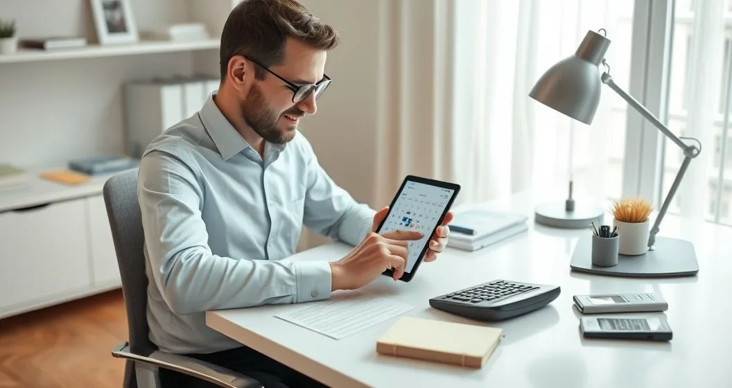 A sole proprietor at a tidy desk using a tablet calendar and writing a reminder while sorting invoices and a calculator