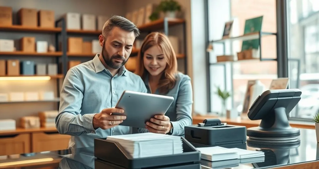 Small business owner and financial advisor review a tablet in a boutique shop with inventory and payroll envelopes nearby and a cleared invoice tray and bank card on the desk