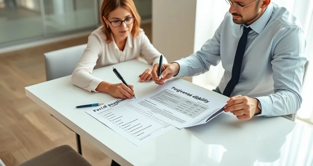 Two professionals at a modern desk reviewing a printed loan forgiveness eligibility checklist alongside payroll and bill documents