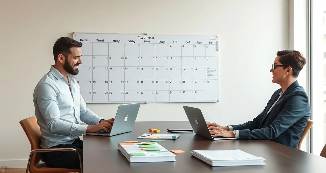Two professionals reviewing a wall calendar and laptop to create a tax compliance schedule with color coded sticky notes and organized tax folders.