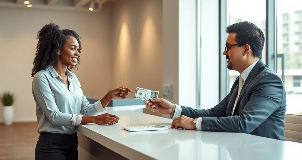 Consumer receives a small stack of cash from a loan officer at a minimalist lending counter with a calculator and calendar visible