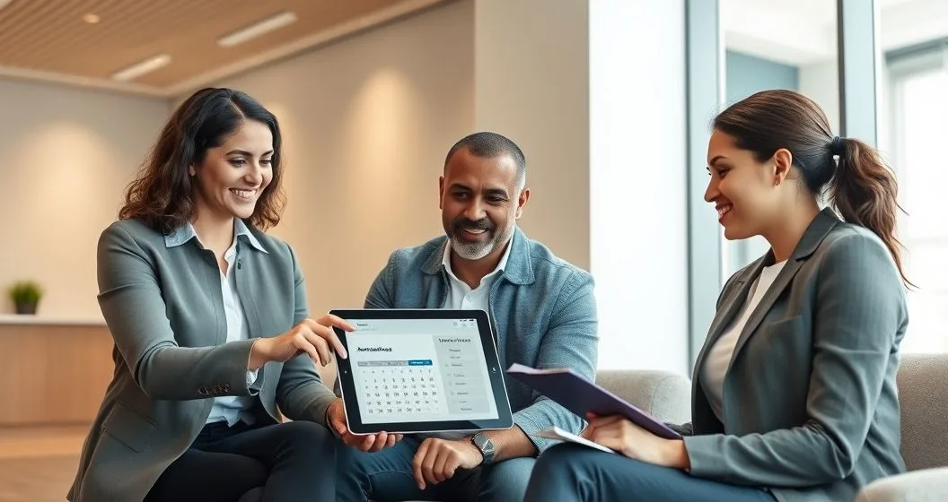 Mortgage advisor reviews tablet with homeowners showing amortization graphic and biweekly calendar in a modern office