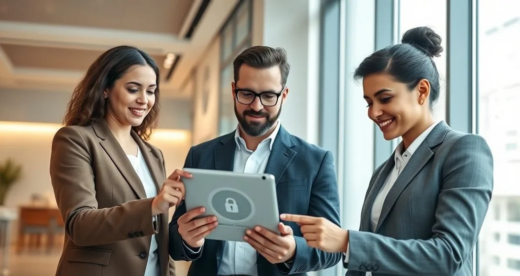 Loan officer and two clients viewing a tablet showing a translucent credit snapshot with a gauge and lock symbol representing a soft credit inquiry that does not affect the score