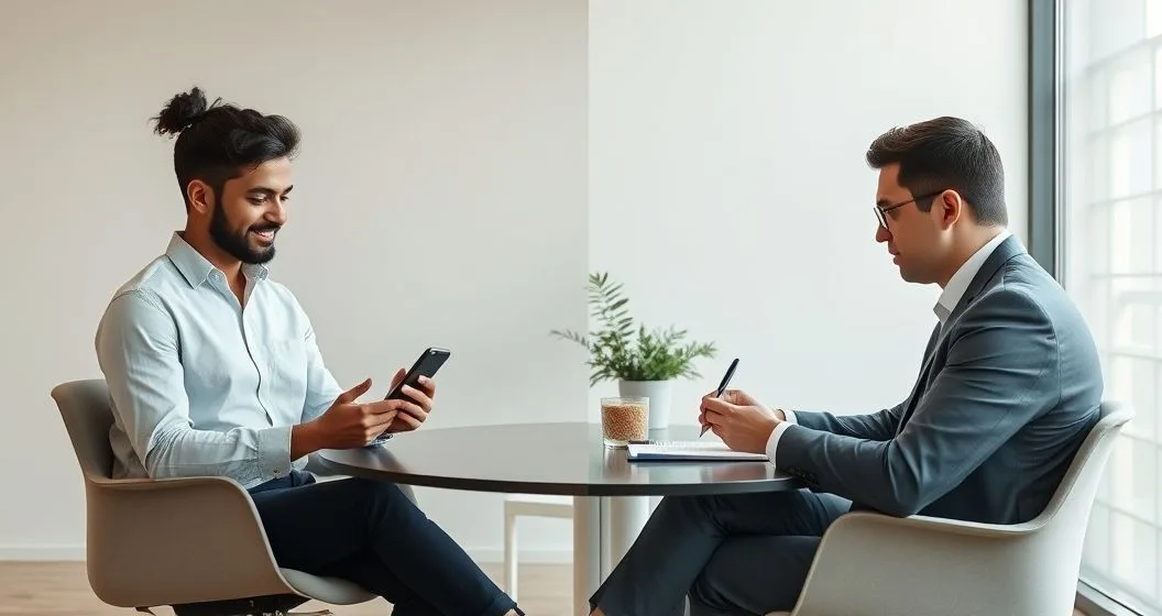 Split scene with one person checking a banking app and another signing a loan application with a loan officer in a sleek modern office illustrating soft and hard credit checks