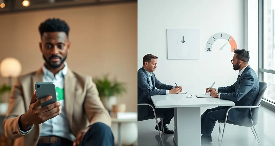 Split scene comparing soft and hard credit checks Left person checks credit on phone with a steady green gauge Right borrower signs loan application with loan officer and a slight red dip on a credit gauge