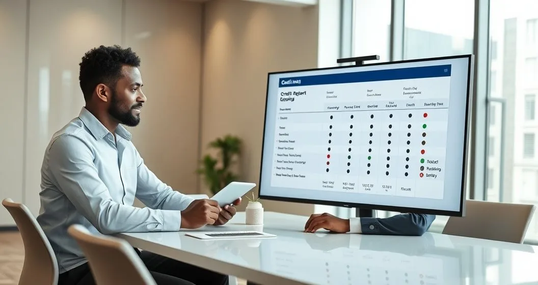 Financial advisor and client reviewing a blurred credit report on a tablet and monitor with highlighted markers for payment history account status balances inquiries and public records in a modern office