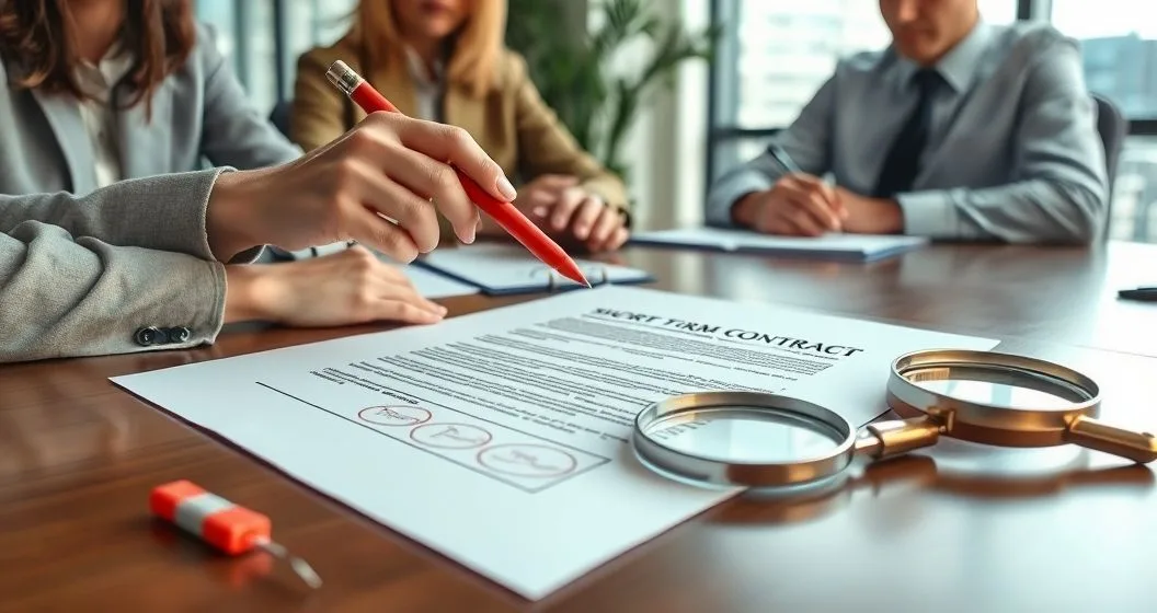 Financial counselor points to circled clauses on a short term loan contract with a magnifying glass and red flag tabs while a borrower looks concerned in a modern office.