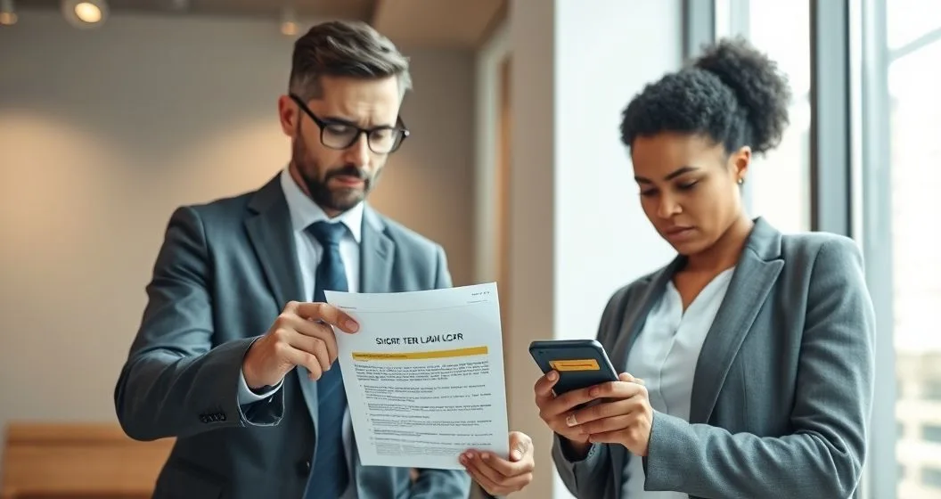 Advisor points to a warning clause on a short term loan document while a client holds a phone showing a suspicious upfront payment request in a modern office.