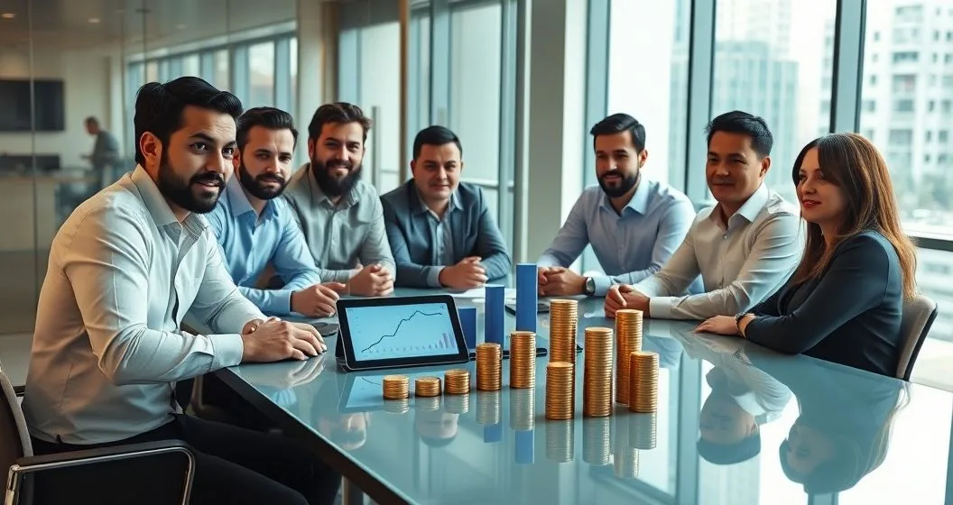 Founders and lenders review segmented funding tranches on a tablet in a modern conference room with milestone markers and coin stacks on the table.
