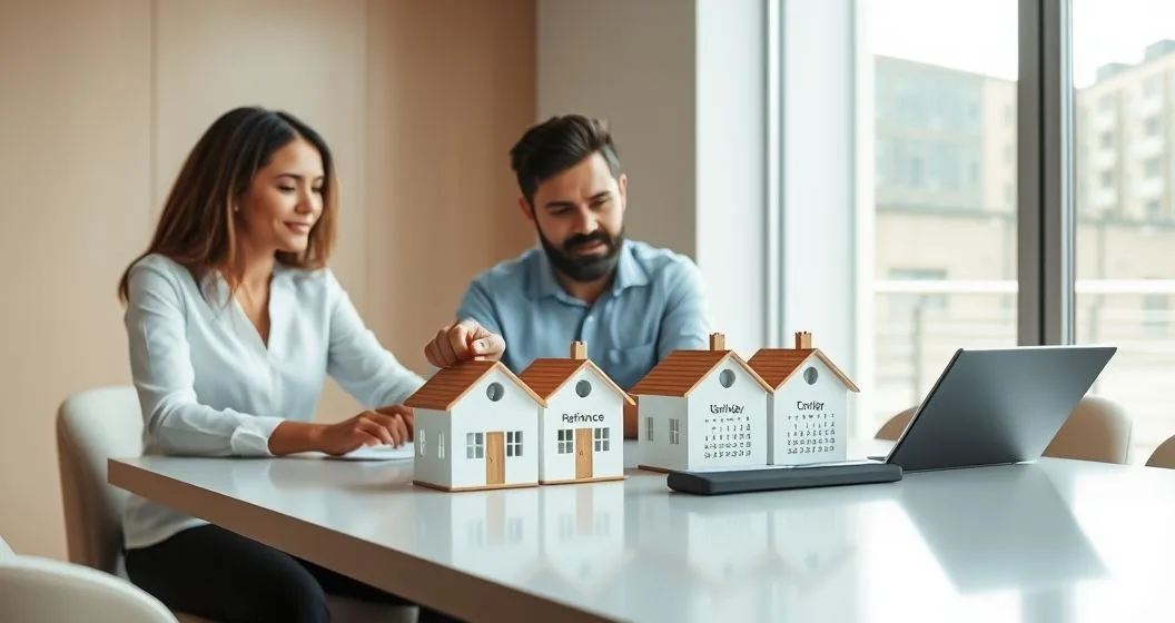 Mortgage advisor and homeowners reviewing three house models and a tablet with staggered calendar markers around a minimalist conference table.