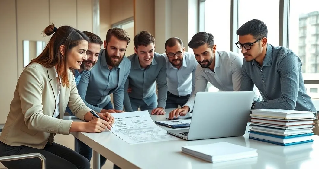 Three diverse founders and a tax advisor gathered around a conference table as one person ticks boxes on a printed compliance checklist while another points to a laptop with a blurred calendar