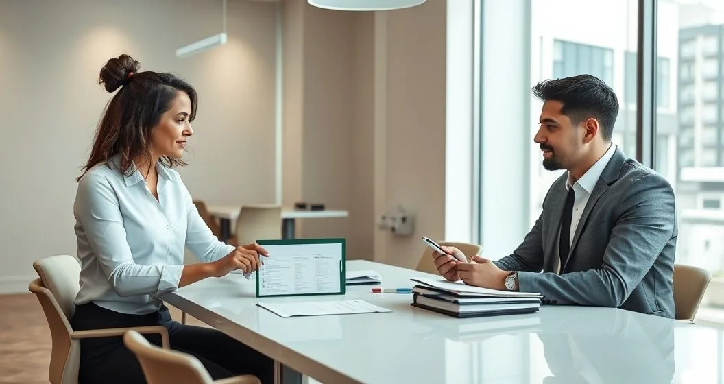 Two professionals at a conference table reviewing a printed checklist and folders with icons representing business plan financials tax returns bank statements identification and ownership documents