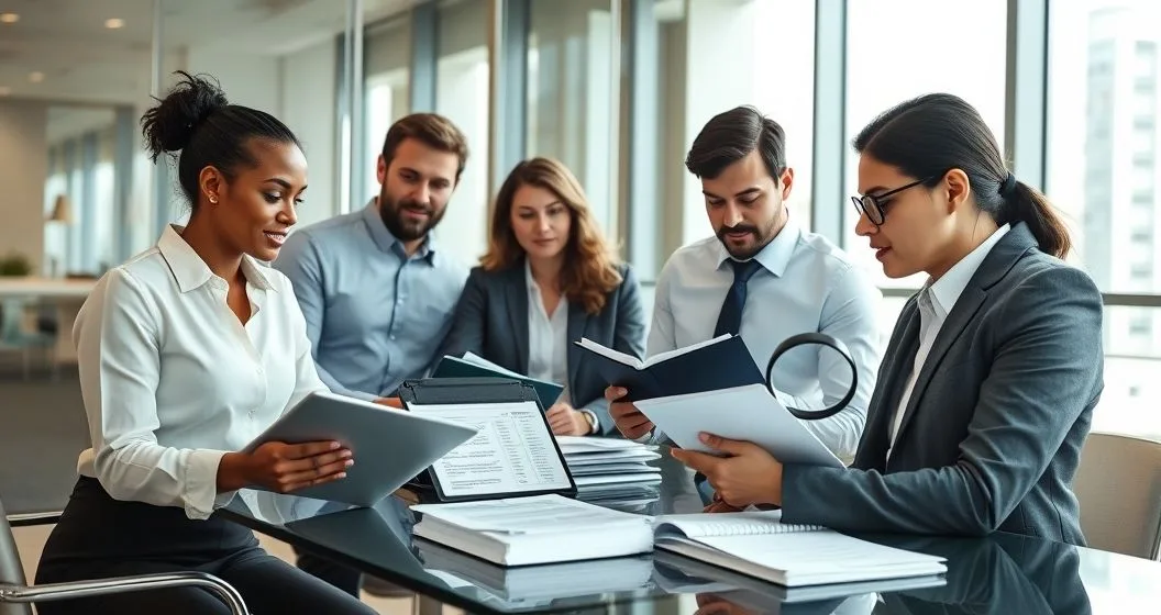 Three tax professionals reviewing records at a conference table reconciling a highlighted discrepancy on a tablet and organizing folders