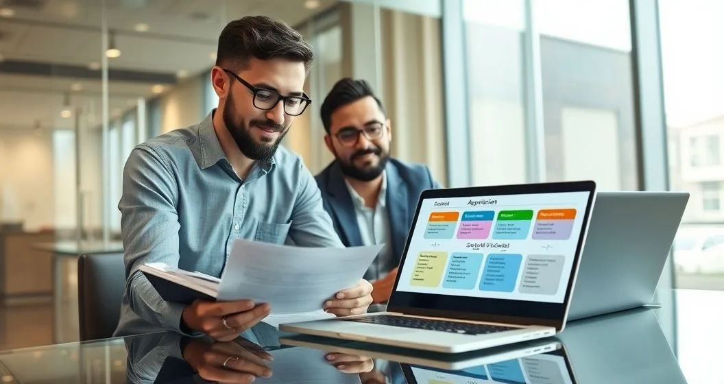 Two professionals at a conference table reviewing documents and a laptop showing a color coded approval workflow representing state credits and incentives