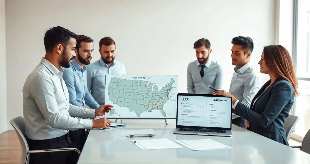 Business professionals review a tablet with a United States map highlighting states and a laptop checklist to determine franchise tax liability by entity type.