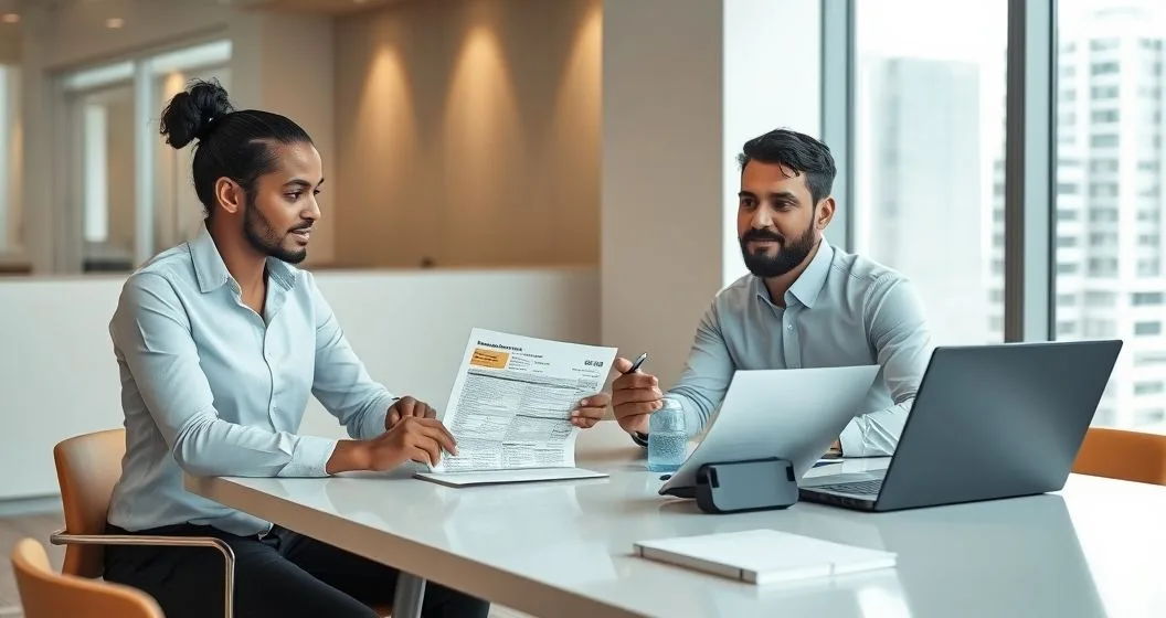 Tax advisor pointing to a highlighted discrepancy on a printed state tax return as a diverse taxpayer listens in a modern office.