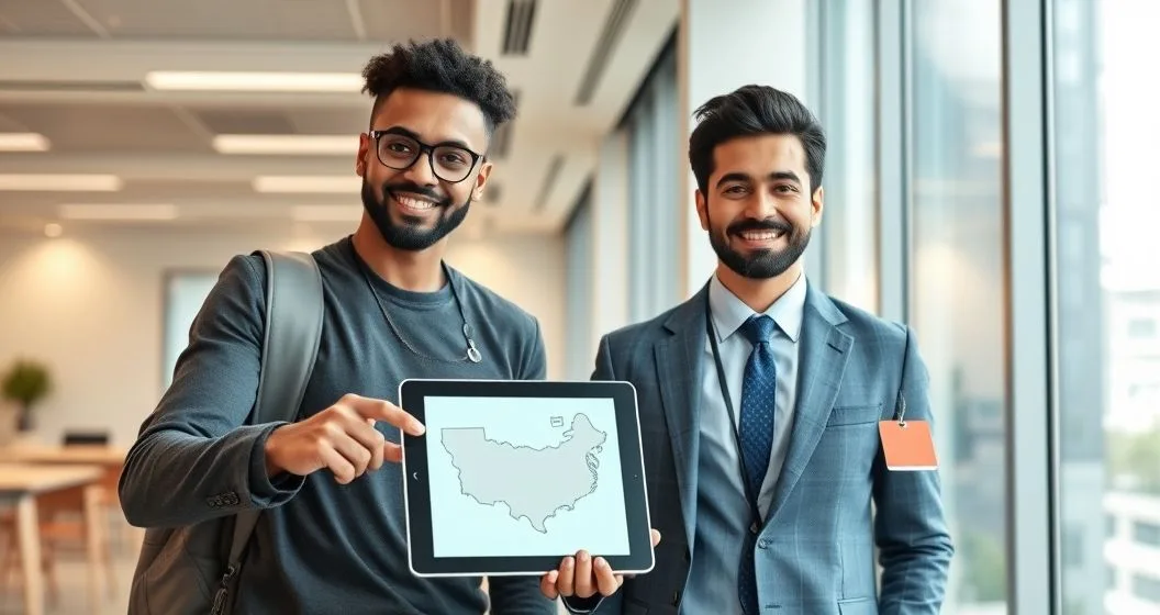 HR advisor explains interstate tax reciprocity to a commuter using a tablet showing two state outlines connected by an arrow