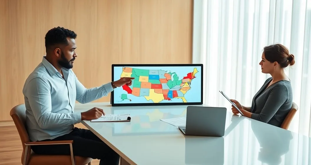 Financial advisor and client reviewing a color coded map of US states on a tablet while discussing student loan documents in a modern office