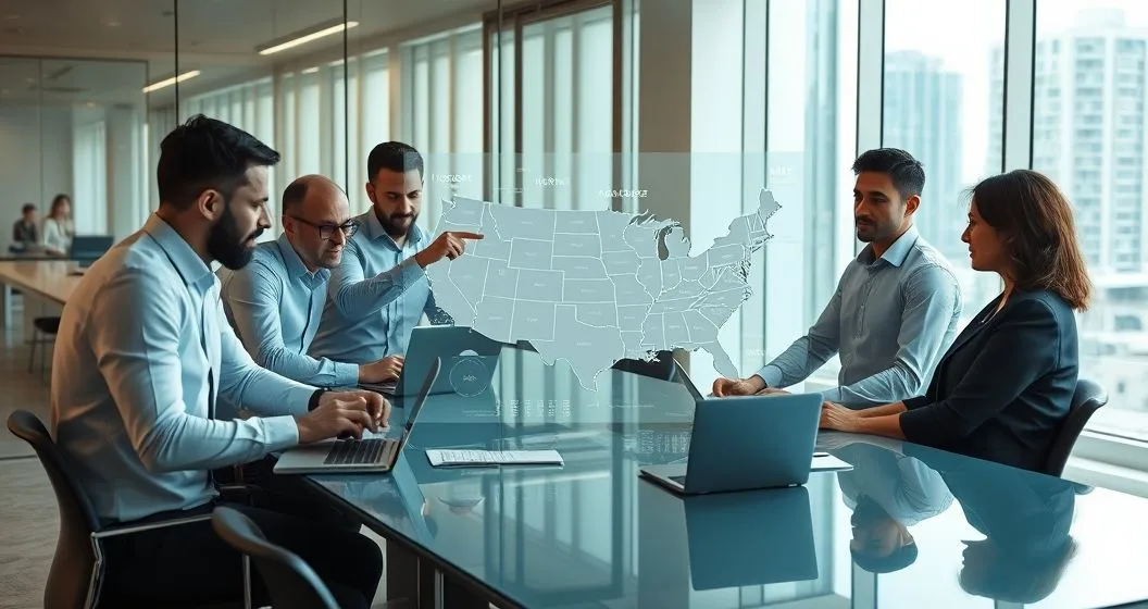 Professionals examining a holographic US map with highlighted states and icons for servers cloud and transactions in a modern conference room
