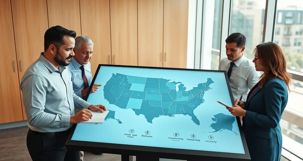 Three diverse professionals around a touchscreen table reviewing a stylized US map with highlighted states and simple icons representing caps rollovers and installment plans