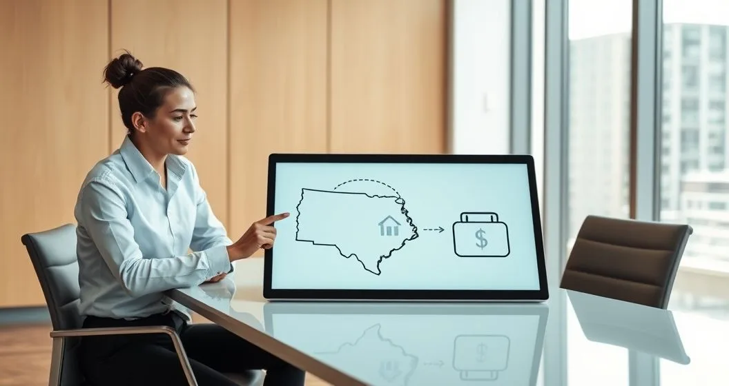 Payroll specialist pointing to a tablet map of two adjacent states with house and briefcase icons while advising a commuter