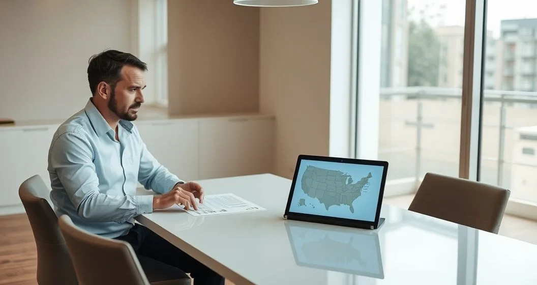 A counselor points to loan documents while a tablet shows a US map with different states shaded to indicate varying rules