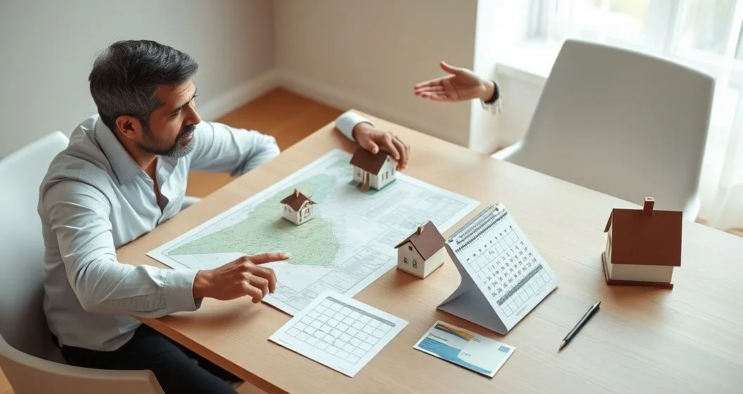 Tax advisor and client reviewing a state map calendar and residence indicators on a conference table to determine tax residency