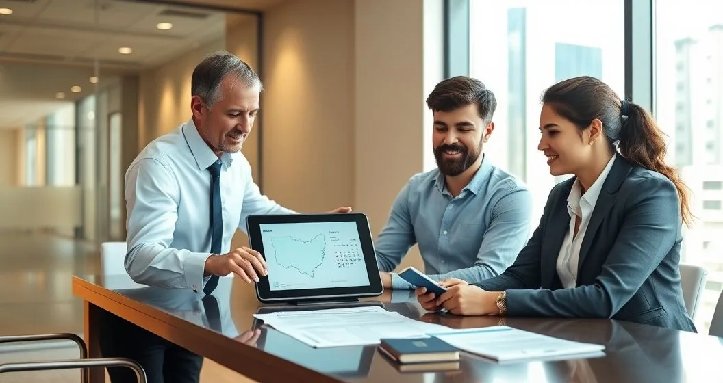 Tax advisor and clients reviewing a tablet with two state outlines and a calendar in a modern conference room