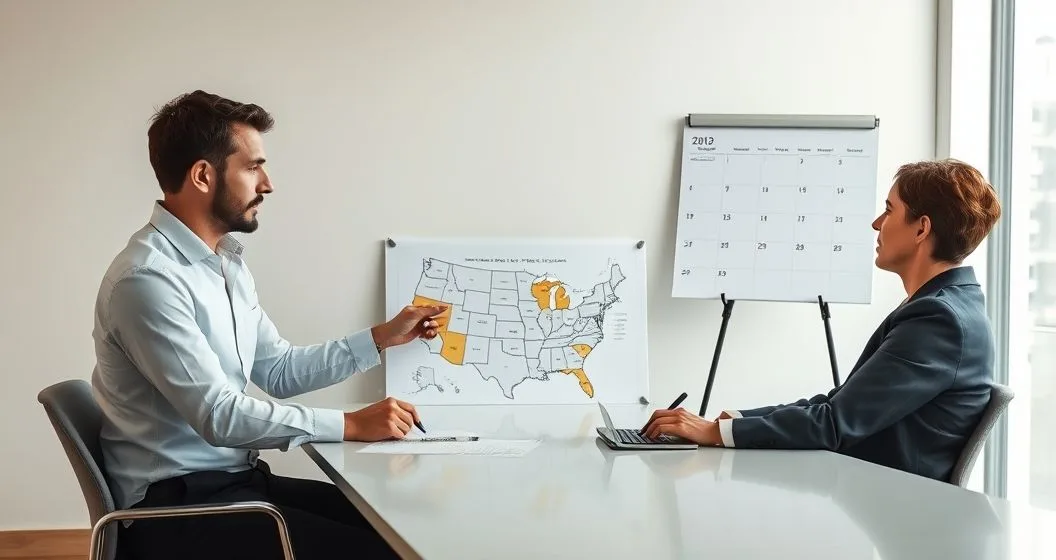 Tax advisor and client reviewing a US map with highlighted states and a calendar as the advisor points to states and the client marks days