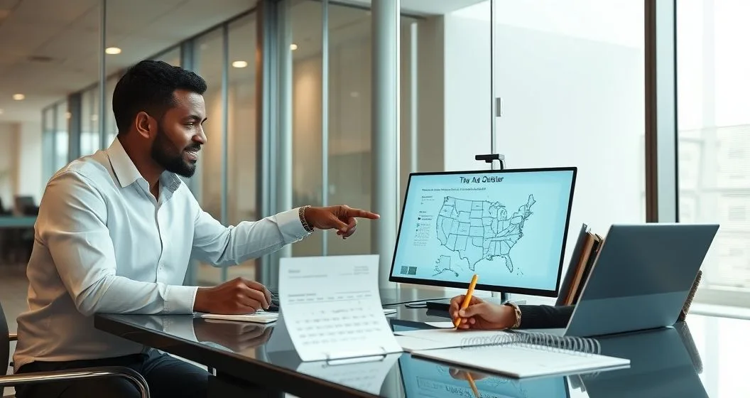 Tax advisor explains state residency rules to a client using a laptop map and a calendar in a modern conference room.