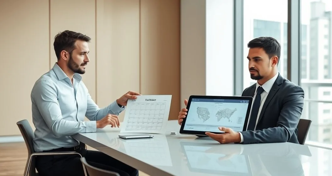 Tax advisor and remote worker at a conference table reviewing a calendar and a tablet showing two highlighted states and travel days