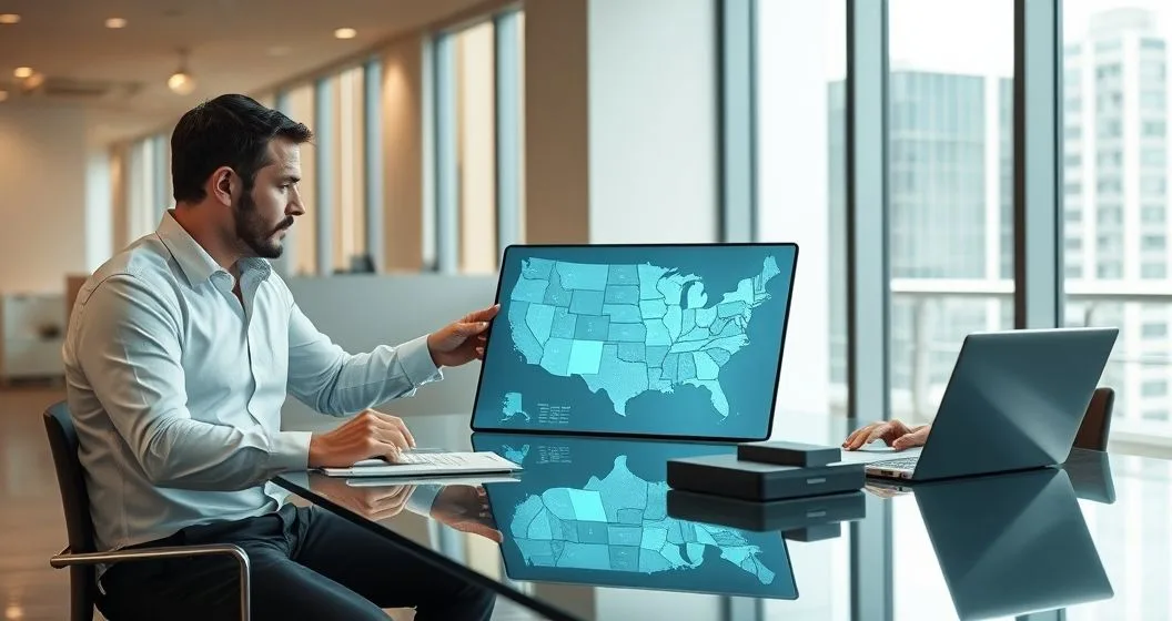 Legal advisor and SaaS founder reviewing a tablet with a US map highlighting states that establish sales tax nexus