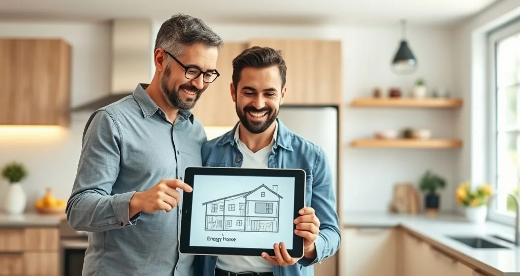 Homeowner and energy tax advisor review tablet showing house schematic with solar panels insulation and HVAC icons in a bright kitchen