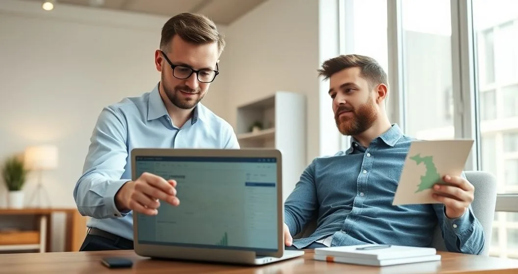 Payroll administrator points to a withholding dashboard on a laptop showing a remote telecommuter and a faint map of two states