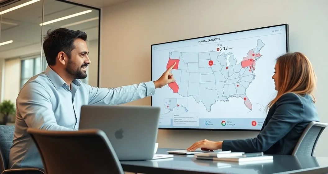 Payroll manager pointing to interactive US map with highlighted states while consulting a remote employee on laptop