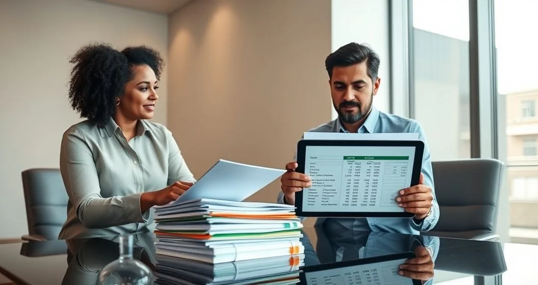 Tax advisor and client compare two stacks of documents and a tablet showing side by side calculations representing state and local tax differences from federal treatment