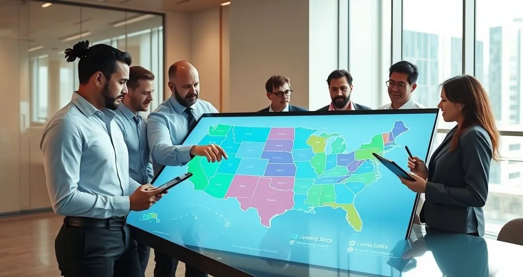 A compliance team using an interactive US map to review state specific payday loan licensing requirements in a modern conference room.