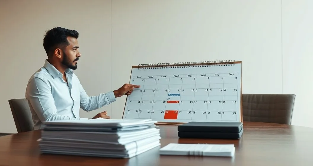 Tax advisor pointing to a multi year desk calendar with colored tabs and tax documents on a conference table illustrating three year and six year audit windows and an indefinite case represented by a sealed folder