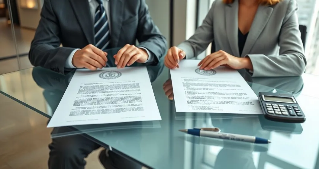Corporate lawyer and bank loan officer review a court style document and an overdue loan notice side by side on a glass conference table with a calculator