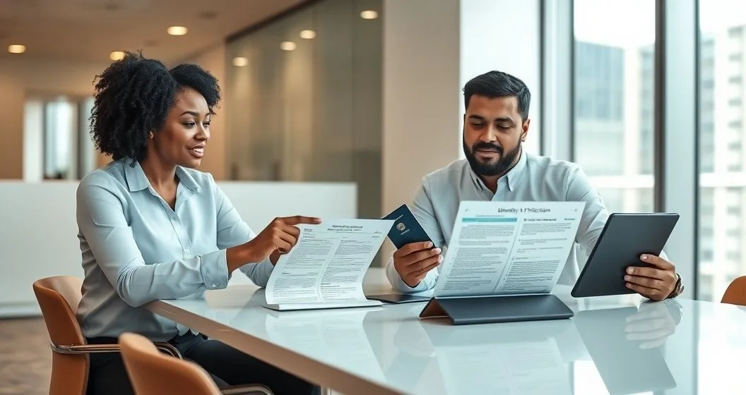 Tax advisor and client reviewing an official notice and identification at a conference table in a modern office
