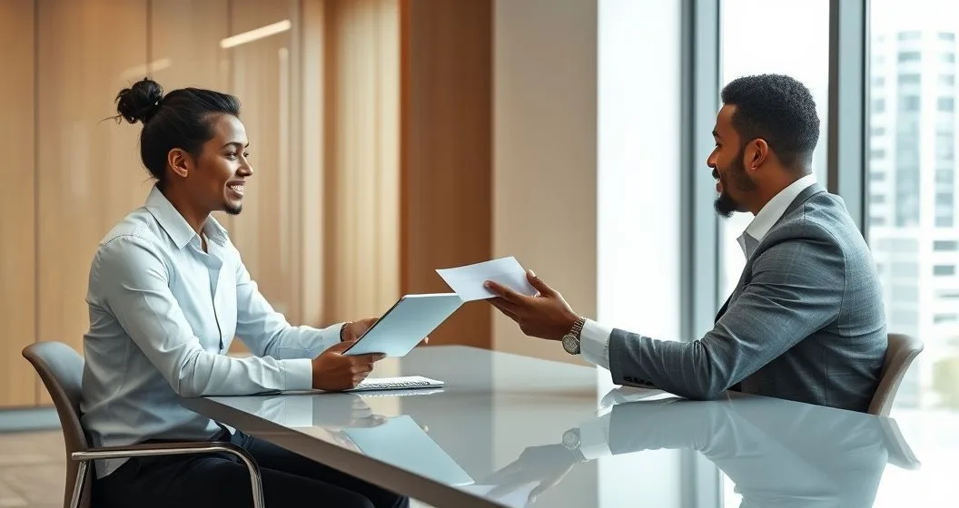 Tax advisor showing a tablet and handing an envelope to a relieved taxpayer in a modern office, representing steps to stop wage garnishment for federal tax debt.