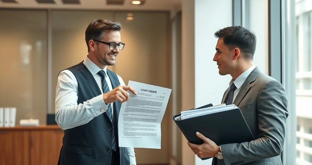 Attorney handing a stamped court order to a relieved client across a minimalist conference table in a modern law office