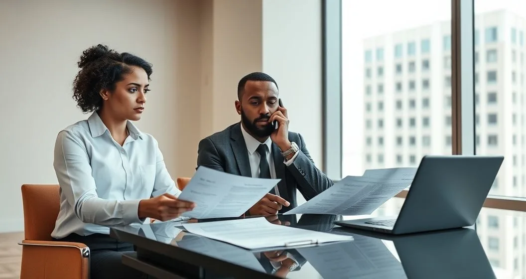 A tax attorney advises a taxpayer over bank statements on a laptop in a modern office to stop a bank levy